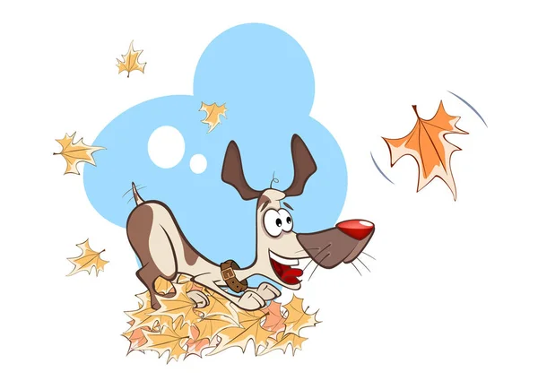 Vector Illustration Funny Dog Playing Leaves — Stock Vector