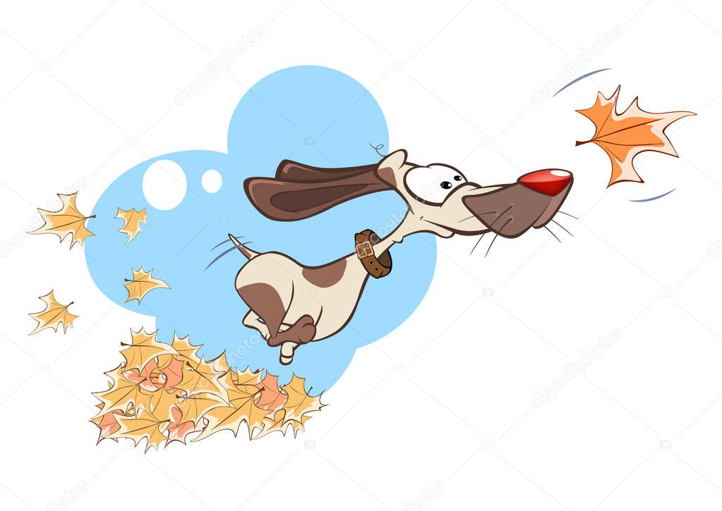 Vector Illustration Funny Dog Playing in Leaves