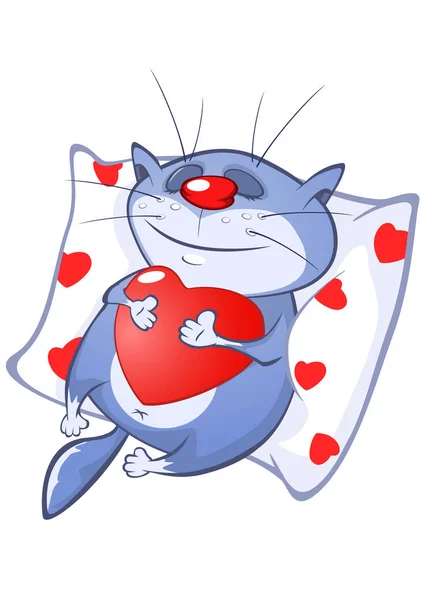 Κινούμενα Σχέδια Γάτας Κόκκινη Καρδιά Στο Μαξιλάρι Λευκό Φόντο — Διανυσματικό Αρχείο