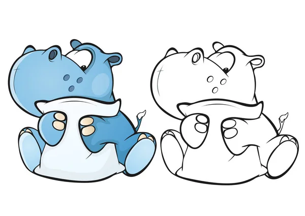 Azul Hippo Desenhos Animados Personagens Com Travesseiro Fundo Branco — Vetor de Stock