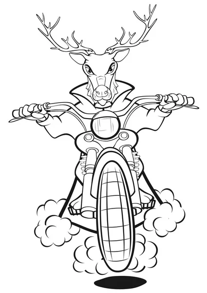 Cartoon Biker Elk Motorcycle White Background — Stock Vector