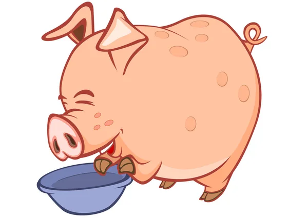 Cochon Dessin Animé Avec Bol Sur Fond Blanc — Image vectorielle