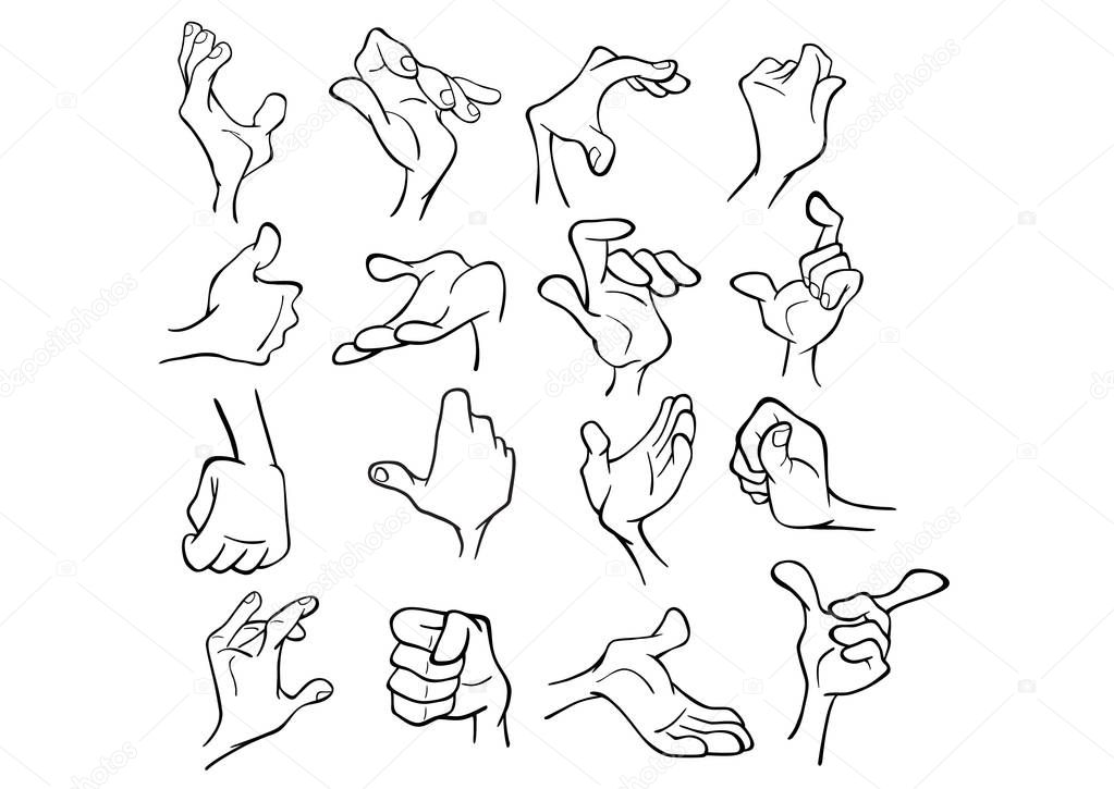 Hands with different gestures on white background