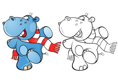 Vektör çizim şirin bir küçük su aygırı çizgi film karakteri. Boyama kitabı. Anahat