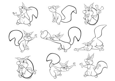 set of cute squirrels cartoon characters on white background clipart