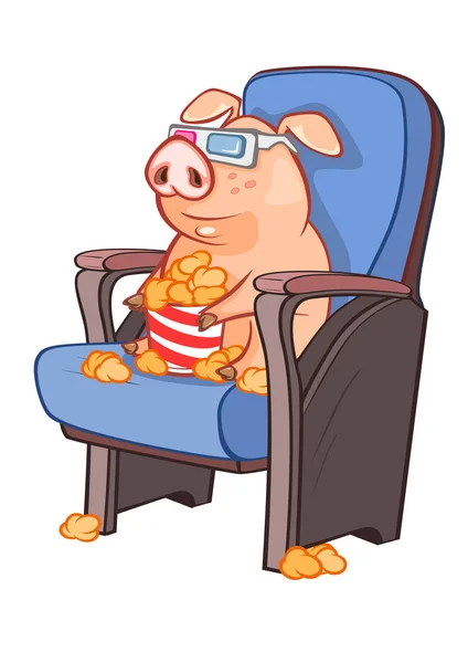 Cartoon Porco Comer Pipocas Isolado Fundo Branco —  Vetores de Stock