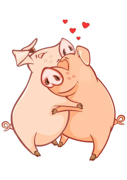 Karikatur Glückliche Schweine Umarmen Isoliert Auf Weißem Hintergrund — Stockvektor