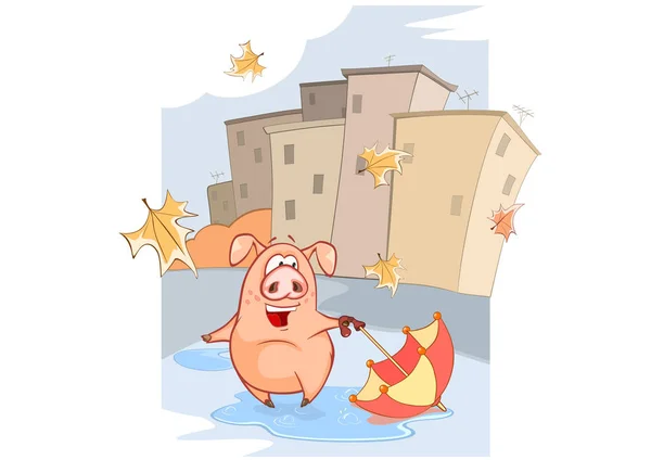 动画片愉快的猪与伞在白色背景 — 图库矢量图片