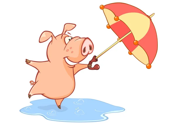 Dessin Animé Cochon Heureux Avec Parapluie Sur Fond Blanc — Image vectorielle