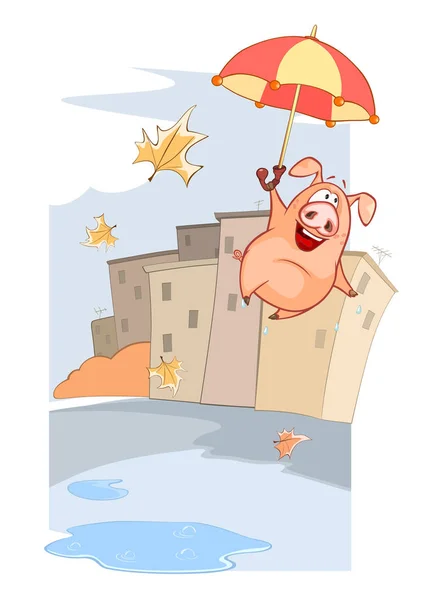 Dessin Animé Cochon Heureux Avec Parapluie Sur Fond Blanc — Image vectorielle