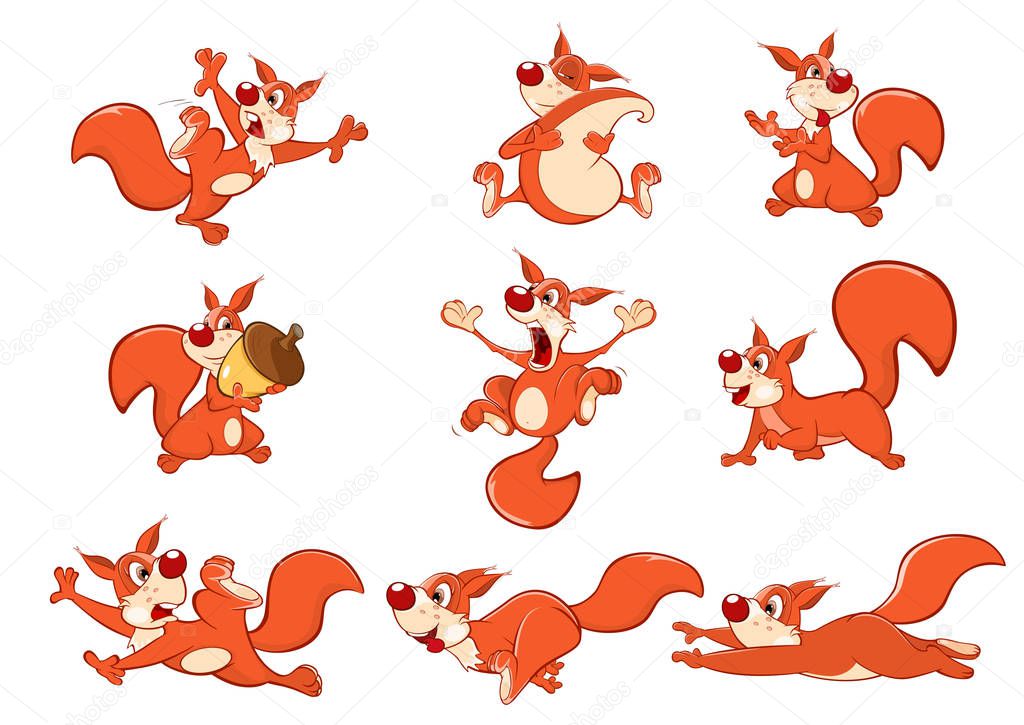 set of cute squirrels cartoon characters on white background