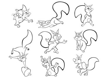 Beyaz arka plan üzerinde çizgi film karakterleri kümesini sevimli sincaplar