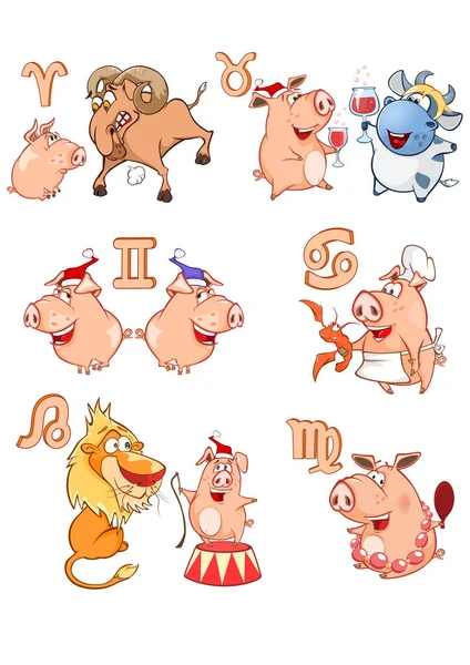 Cute Pigs Astrological Signs Isolated White Background — Stock Vector