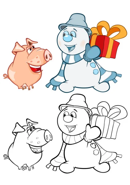 可爱的猪与雪人的卡通人物 — 图库矢量图片