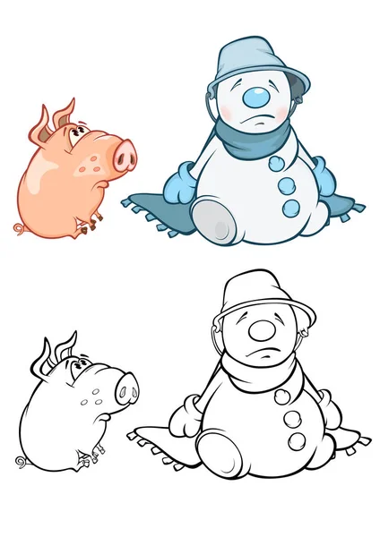 Cartoon Character Cute Pigs Snowmen — Stock Vector