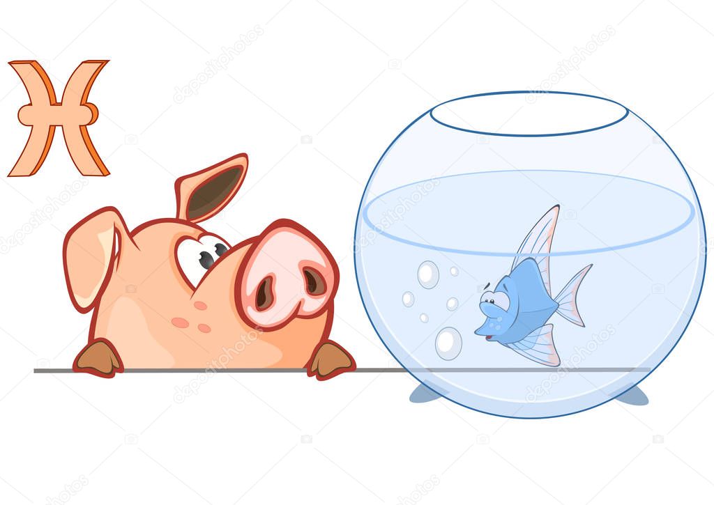 Cute pig with astrological sign in zodiac fish 