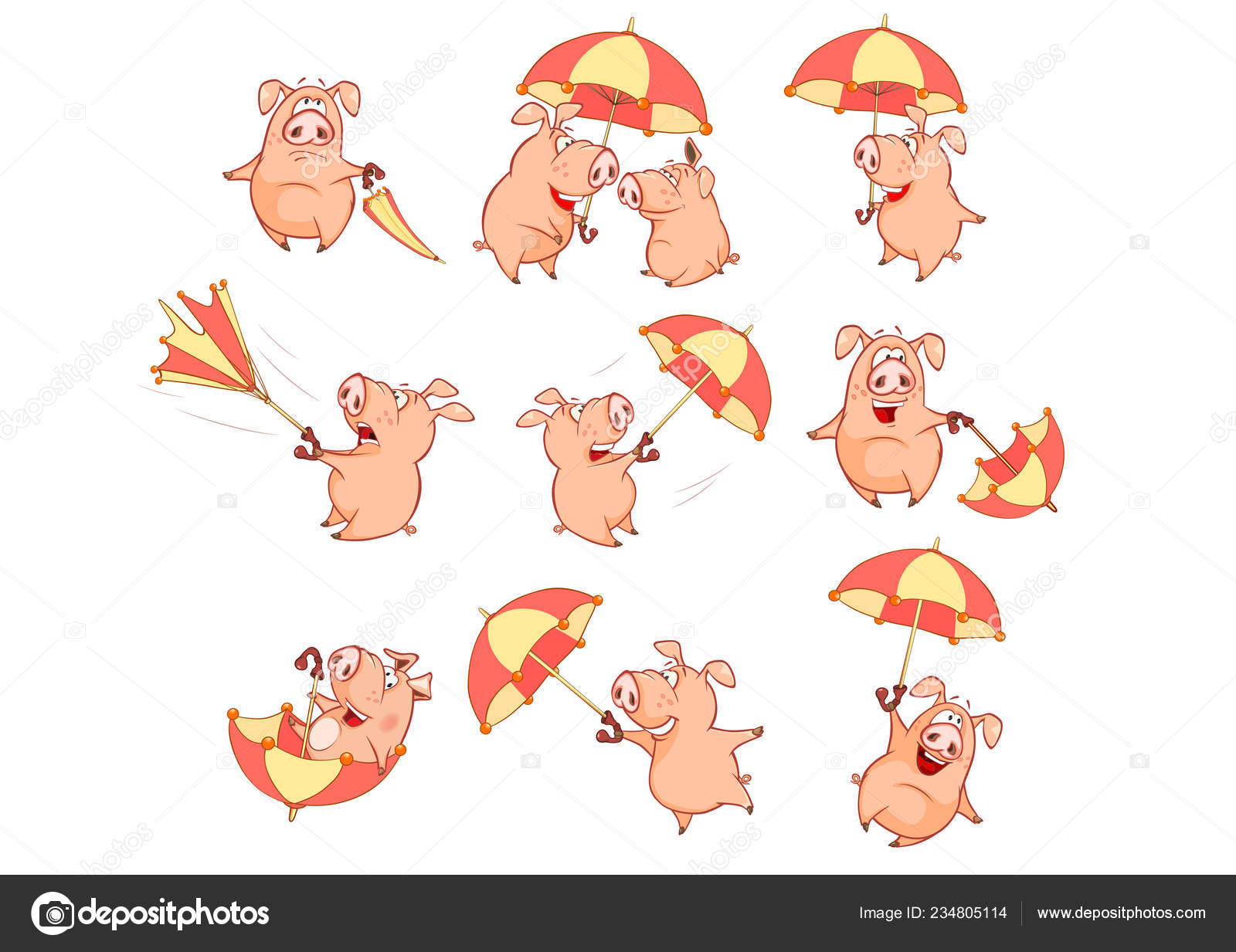 Set Illustrations Cute Cartoon Pig Characters Umbrellas Windy Weather Stock  Vector Image by ©liusaart #234805114