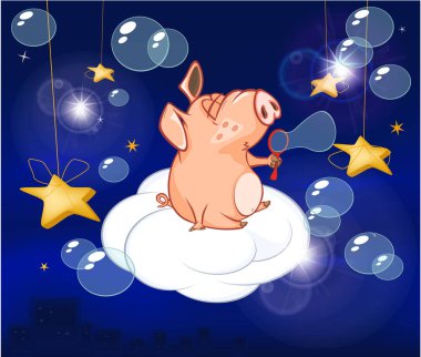 Sabun köpüğü bulutların geceleri üfleme sevimli çizgi domuz karakter çizimi