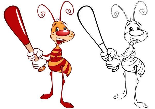 Ilustración Hormiga Linda Dibujos Animados Con Personaje Del Bate Béisbol — Archivo Imágenes Vectoriales