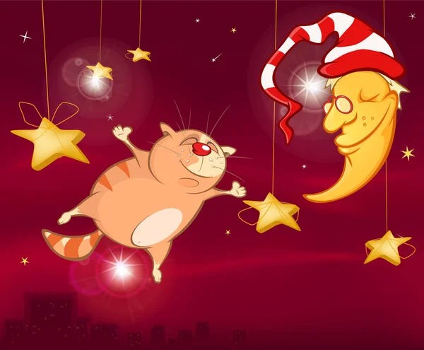 Ilustração Personagem Bonito Gato Desenhos Animados Com Estrelas Penduradas Lua — Vetor de Stock