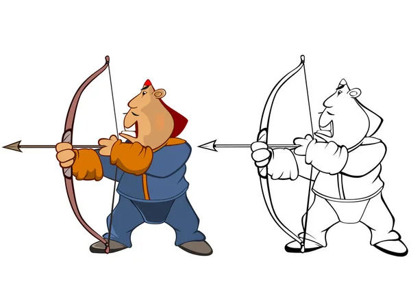 Ilustração Desenho Animado Engraçado Personagem Guerreiro Mongol Para Colorir Livro — Vetor de Stock