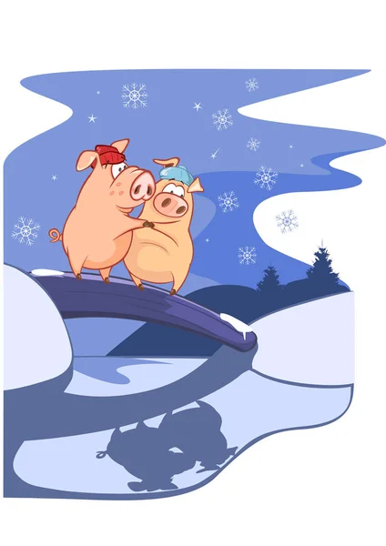 Иллюстрация Двух Милых Мультяшных Свиней Обнимающихся Мосту Зимой Ночью — стоковый вектор