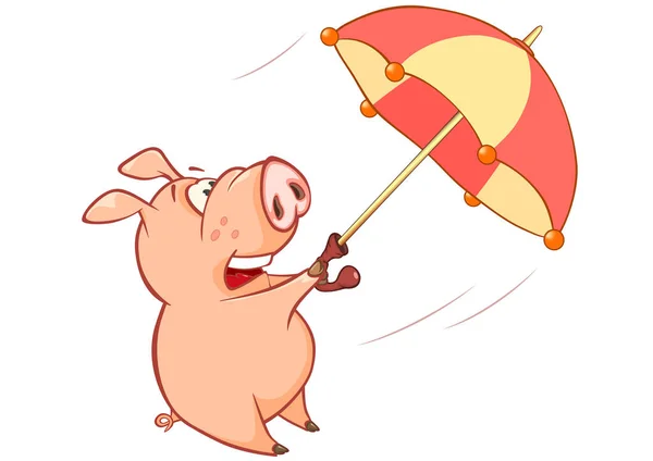 可爱的卡通猪字符的例证与伞在风的天气 — 图库矢量图片