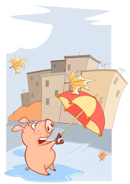 Illustration Von Niedlichen Comic Figur Schwein Mit Regenschirm Durch Gebäude — Stockvektor