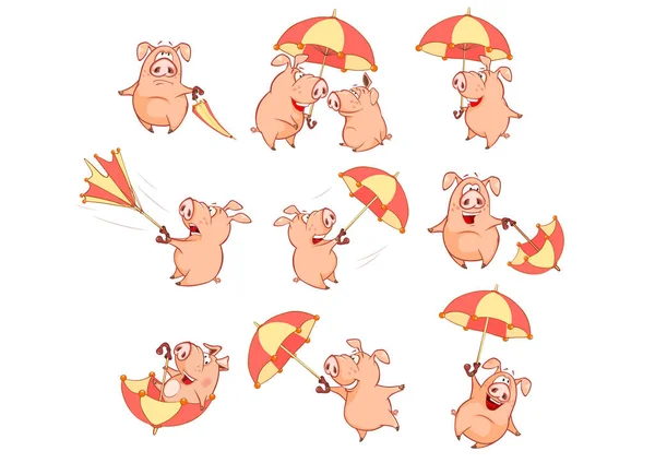 Set Illustrazioni Simpatici Personaggi Dei Cartoni Animati Maiale Con Ombrelli — Vettoriale Stock