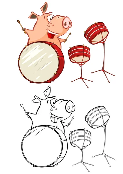 Colorir Ilustração Livro Personagem Porco Bonito Tocando Bateria — Vetor de Stock