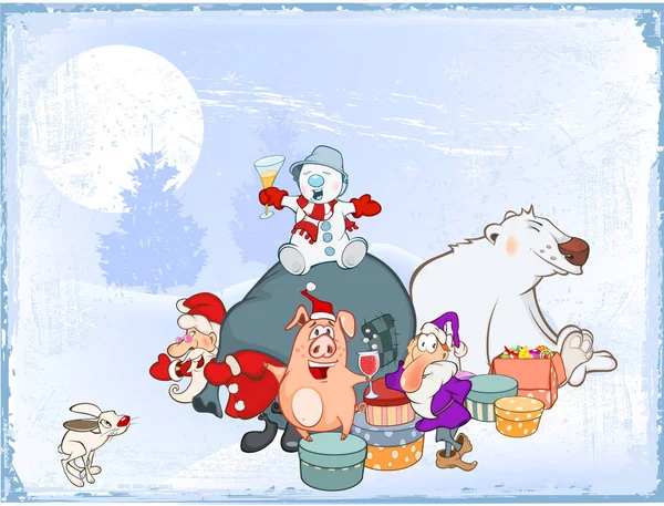 Illustration Von Weihnachtsmann Mit Sack Und Cartoon Tierhelfern — Stockvektor