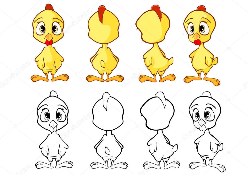 Set of illustrations of cute cartoon bird characters for coloring book