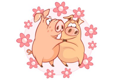 Sevimli domuz ve çiçekler çizgi vektör çizim