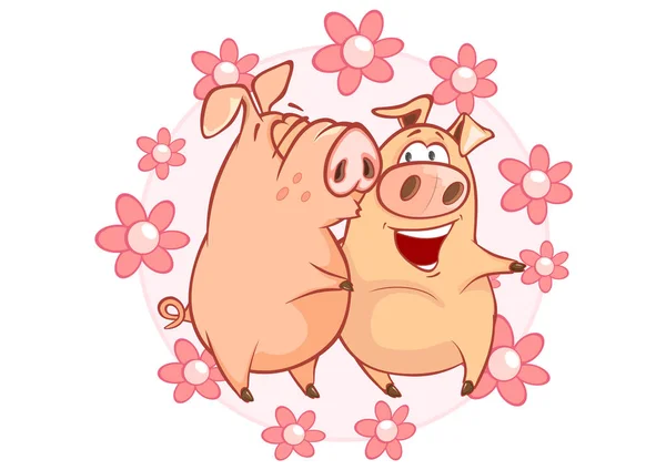 Vektorillustration Von Niedlichen Schweinen Und Blumen Karikatur — Stockvektor