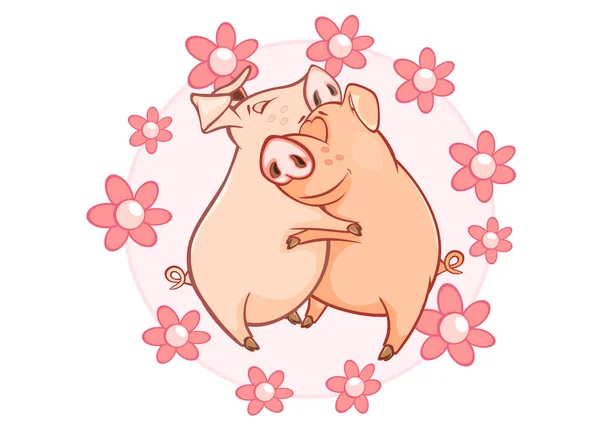 Vector Illustration Cute Pigs Flowers Cartoon — Stock Vector