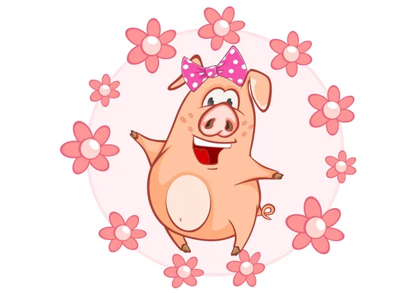 Vector Ilustración Lindo Cerdo Flores Dibujos Animados — Vector de stock