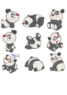 Sevimli çizgi Panda vektör çizim karakteri kümesi tasarımı ve bilgisayar oyunu için. Boyama kitap anahat seti
