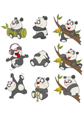 Sevimli çizgi Panda vektör çizim karakteri kümesi tasarımı ve bilgisayar oyunu için. Boyama kitap anahat seti