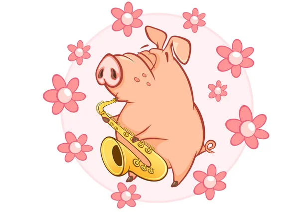有趣的猪动画片字符和花的可爱的向量例证 — 图库矢量图片