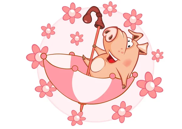 面白い豚の漫画のキャラクターと花のかわいいベクトル イラスト — ストックベクタ