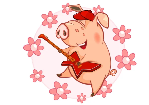 Niedlichen Vektor Illustration Von Lustigen Schwein Cartoon Figur Und Blumen — Stockvektor