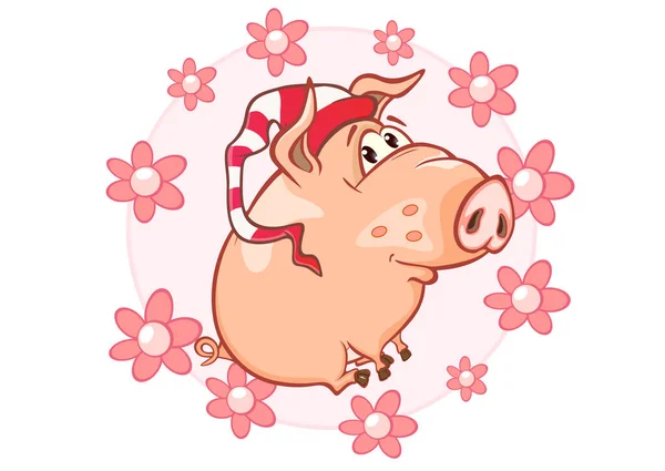 Niedlichen Vektor Illustration Von Lustigen Schwein Cartoon Figur Und Blumen — Stockvektor