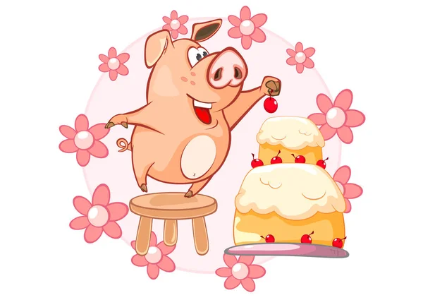 Niedlichen Vektor Illustration Von Lustigen Schwein Cartoon Figur Und Blumen — Stockvektor