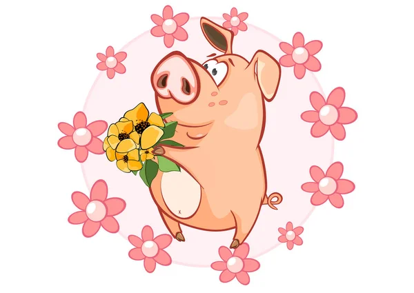 Niedlichen Vektor Illustration Von Lustigen Schwein Cartoon Figur Und Blumen — Stockvektor