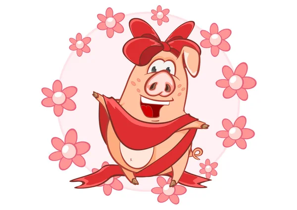 Niedlichen Vektor Illustration Von Lustigen Schwein Cartoon Figur Und Blumen — Stockvektor