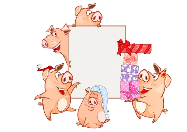 Giftboxes と踊って面白い豚漫画のキャラクターのかわいいベクトル イラスト — ストックベクタ