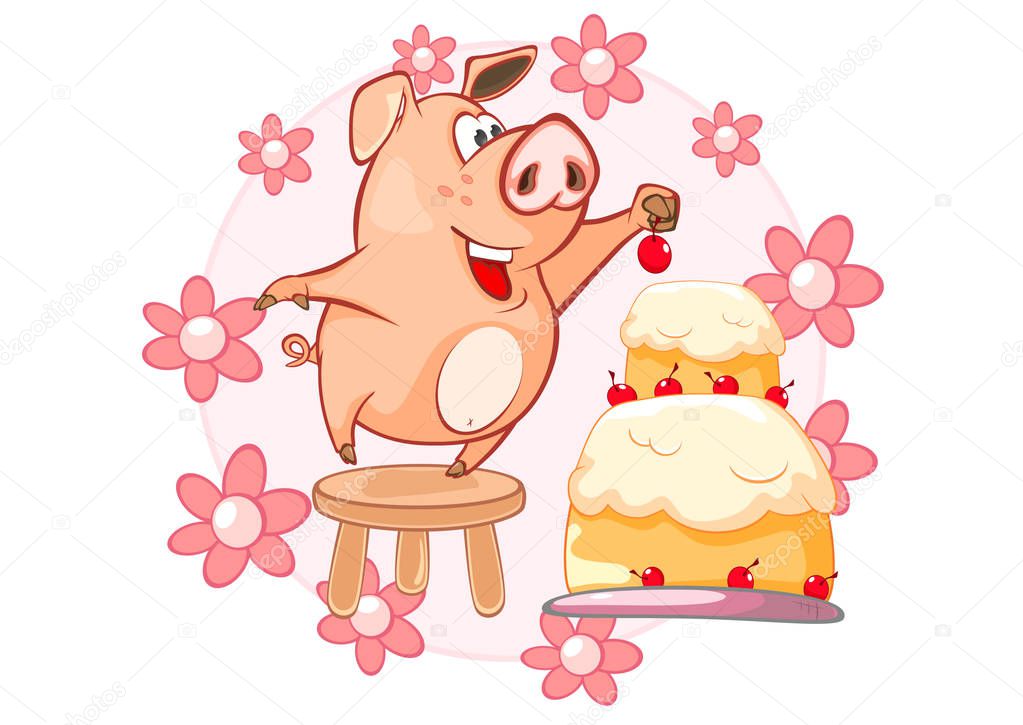 Cute vector illustration of funny pig cartoon character and flowers