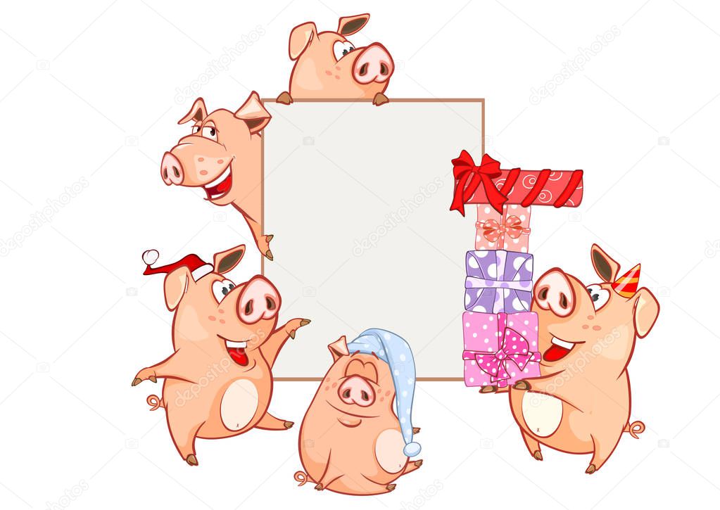 Cute vector illustration of funny pigs cartoon characters dancing with giftboxes