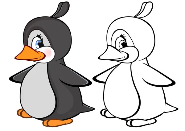 Creative Tecknade Färgade Och Kontur Pingviner Isolerade Vit Bakgrund Målarbok — Stock vektor