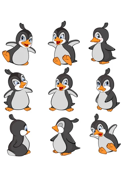 Collectie Cartoon Penguins Geïsoleerd Witte Achtergrond — Stockvector
